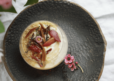 potluck: labneh mousse with orange blossom rhubarb